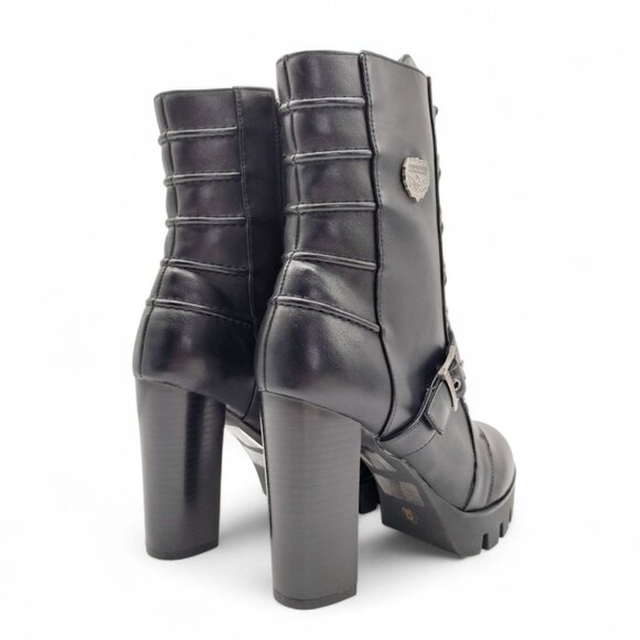 Milwaukee Women's Size 9 Black Leather Lace Up Block Heel Buckle Strap Moto Boot - Picture 11 of 14